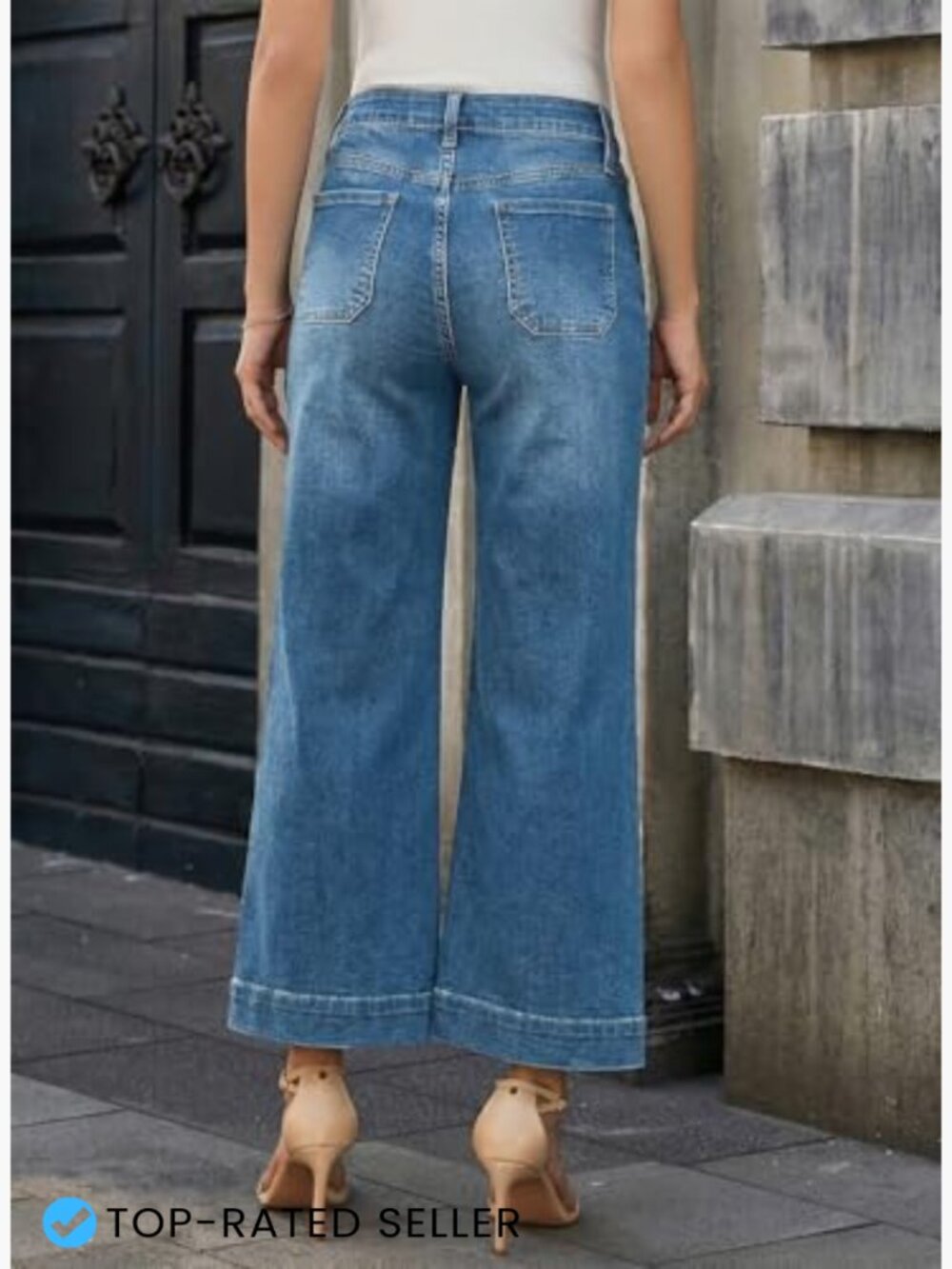Stretchy Wide Leg High Waisted Jeans Tummy Control Cropped Ankle Denim Pants - Picture 5 of 7